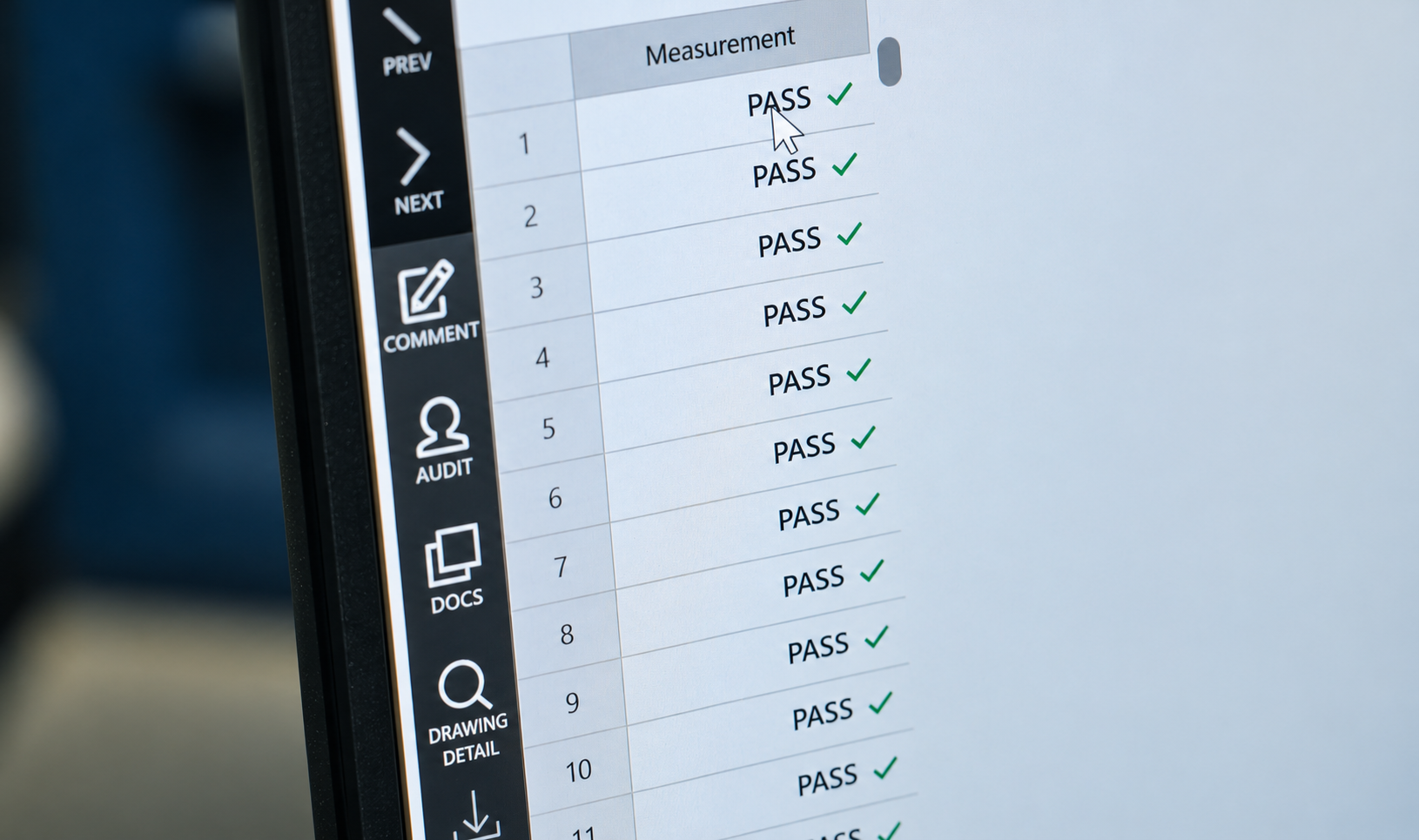 Inspection measurement results showing passing checks on a quality-control screen