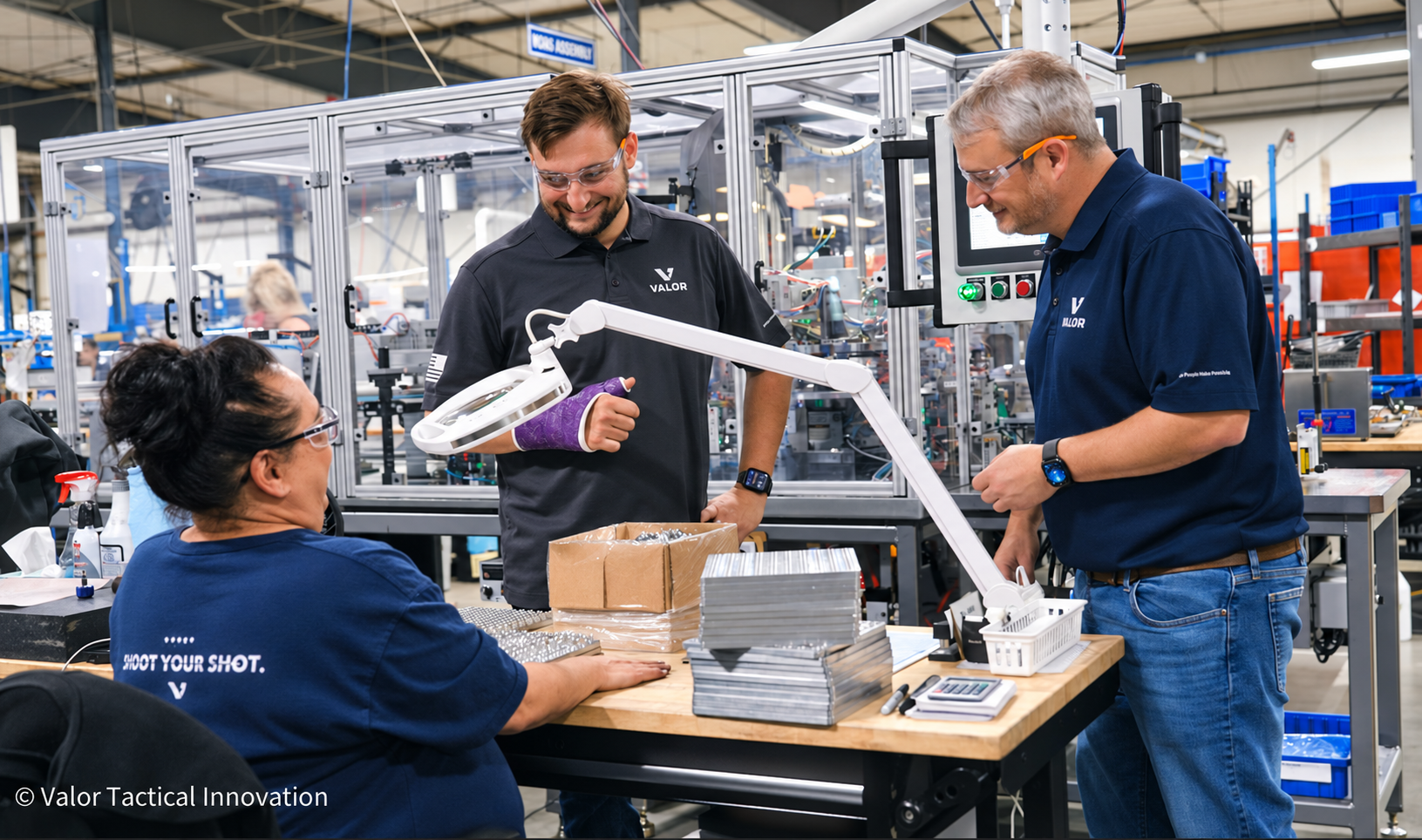Valor team members collaborating at a manufacturing workbench
