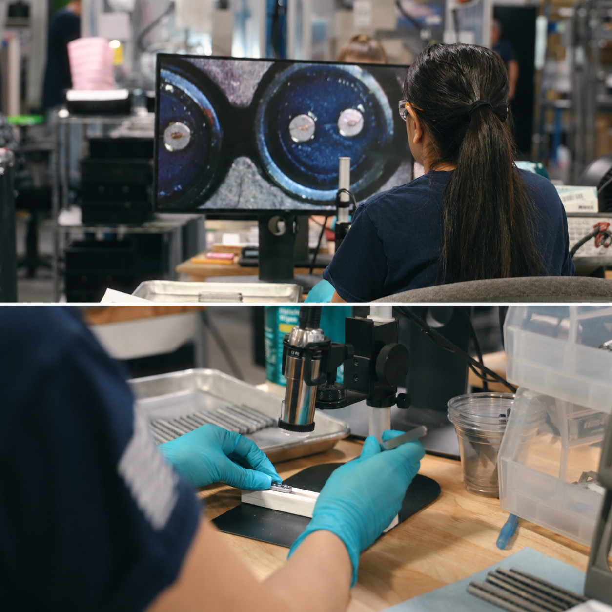 Two views of a technician inspecting small components with a magnified display and a bench inspection camera