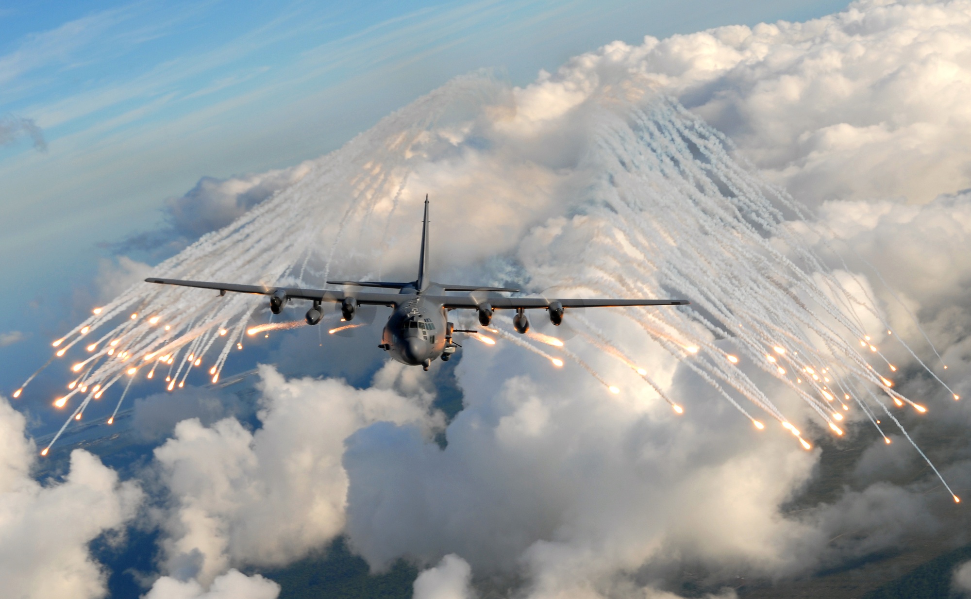 Aircraft dispensing countermeasure flares in daylight
