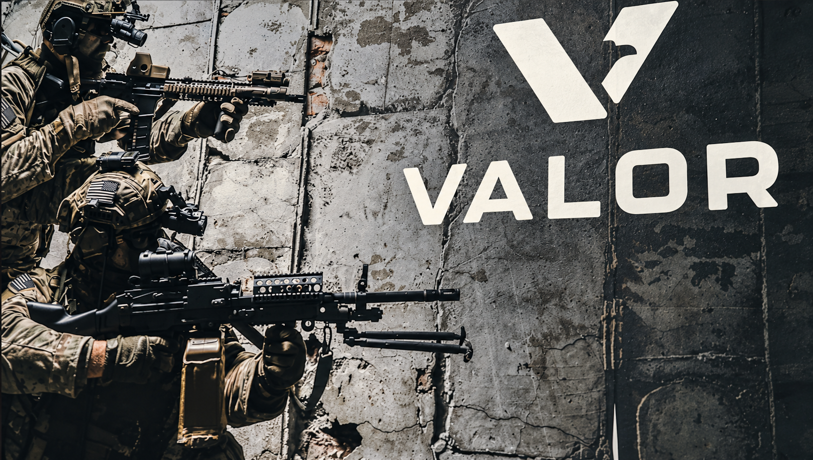 Two service members beside the Valor logo on a concrete wall.